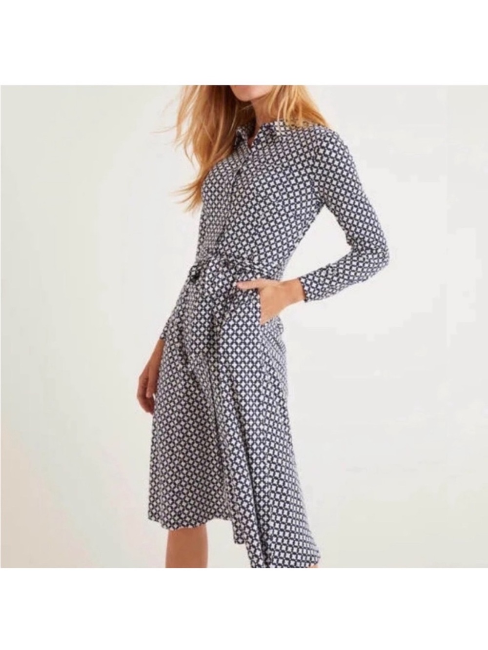 BODEN Susannah Jersey Long Sleeve Shirt Dress Belted Navy White Lattice Print 16